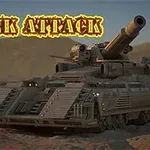 A futuristic tank with a large cannon, set against a desert backdrop, accompanied by the bold title TANK ATTACK in a stylized font