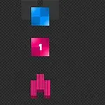 The image features three colorful geometric shapes arranged vertically: a blue square at the top, a pink square with the number 1 in the middle, and a pink shape resembling a stylized building or letter at the bottom, all set against a dark