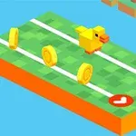 A colorful, isometric game scene featuring a yellow duck character navigating a grassy path with coins and heart icons on either side