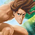 A muscular animated character with long hair is crouched in a jungle setting, displaying an intense expression, surrounded by vibrant greenery and a glimpse of a treehouse in the background