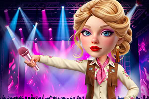 Blonde female singer holding a microphone on a neon-lit concert stage with colorful spotlights and cheering crowd silhouettes