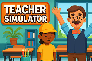 Cartoon classroom scene with a smiling teacher raising his arms beside a student, desks, bookshelves, and a Teacher Simulator title