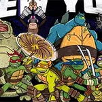 A vibrant illustration featuring the Teenage Mutant Ninja Turtles and various characters set against a bold NEW YORK backdrop, showcasing their signature poses and weapons in an action-packed design