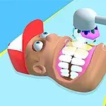 A cartoonish character with a large open mouth, displaying exaggerated teeth and gums, is being examined by a dental tool, set against a colorful background