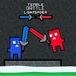 Two animated block characters, one blue and one red, are engaged in a lightsaber duel in a pixelated setting, with the title Temple Battle Lightsaber displayed above them