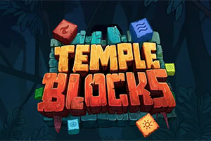Colorful 3D stone title text reading TEMPLE BLOCKS on a dark jungle background with small carved and gem-like blocks around it