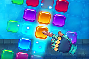 A colorful puzzle game interface featuring a robotic hand poised to select a jewel among various vibrant, gem-like shapes arranged on a grid background