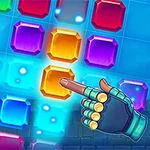 A colorful puzzle game interface featuring a robotic hand poised to select a jewel among various vibrant, gem-like shapes arranged on a grid background