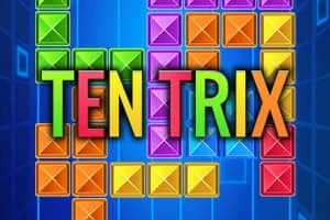 A colorful block puzzle game interface featuring the title TEN TRIX prominently displayed against a blue background with various stacked rectangular blocks in different colors