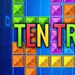 A colorful block puzzle game interface featuring the title TEN TRIX prominently displayed against a blue background with various stacked rectangular blocks in different colors