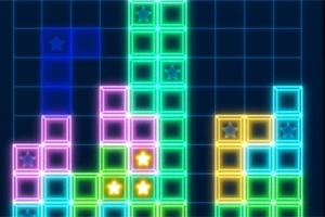 A vibrant, colorful screenshot of a Tetris game showing various neon-shaped blocks in different positions on a grid background, with highlighted stars on some blocks