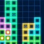 A vibrant, colorful screenshot of a Tetris game showing various neon-shaped blocks in different positions on a grid background, with highlighted stars on some blocks