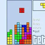 An image of a Tetris game screen showing colorful blocks stacking in a vertical play area, with the current piece displayed above and score and level information at the side