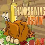 A festive illustration featuring a Thanksgiving turkey platter, garnished with vegetables and accompanied by decorative autumn elements, with the text Thanksgiving Jigsaw prominently displayed