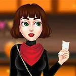 A stylish young woman with short brown hair and green eyes wears a black outfit with a red scarf, holding a piece of paper, set against a warm, blurred background