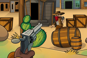 A cowboy wearing a red bandana stands behind a barrel in a desert town, aiming a revolver, surrounded by cacti and wooden crates
