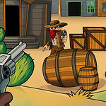 A cowboy wearing a red bandana stands behind a barrel in a desert town, aiming a revolver, surrounded by cacti and wooden crates