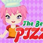 A cheerful cartoon character with pink hair wearing a chefs hat stands beside the words The Best PIZZA, complemented by a slice of pizza, all set against a light purple diamond pattern background