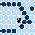 A minimalist design featuring a circular arrangement of light blue and dark blue dots, with a small black cat silhouette positioned at the center