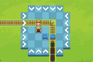 A top-down view of a colorful puzzle game featuring tracks with moving vehicles, including two trains and trucks navigating a grid with directional arrows on blue tiles