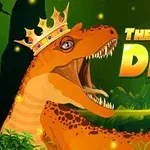 A colorful illustration featuring a kingly dinosaur with a crown, accompanied by the bold text The Dino King on a vibrant green background