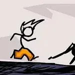 A stick figure with spiky hair and orange pants runs away from a menacing black creature with sharp features and an angry expression in a simple, cartoonish landscape