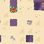 A colorful desert scene featuring a green character with a red circular body surrounded by holes in the ground and scattered bone fragments resembling a playful, animated game setting