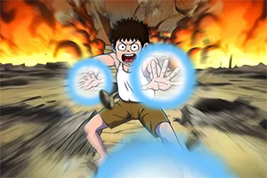 A young boy with black hair and a determined expression is positioned in an action pose, projecting blue energy waves from his outstretched hands against a backdrop of flames and destruction