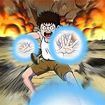 A young boy with black hair and a determined expression is positioned in an action pose, projecting blue energy waves from his outstretched hands against a backdrop of flames and destruction