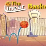 A colorful graphic featuring a basketball hoop and a bouncing basketball in an urban setting, with the title The Linear Basketball prominently displayed