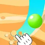 A vibrant illustration featuring a green ball rolling on stylized sandy terrain, accompanied by a hand cursor pointing towards hexagonal shapes in a playful, colorful environment