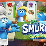 The image depicts animated Smurf characters in a cooking-themed scene, featuring a chef Smurf in a kitchen setting, along with food items and progress bars for various dishes, highlighted by the title The Smurfs Cooking