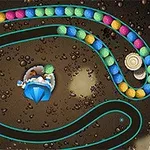 A colorful spiral-shaped path of balls in a game-like setting, featuring a character in a boat and a circular object, set against a dark background with a glossy texture