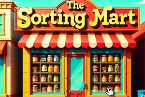 A colorful storefront labeled The Sorting Mart, featuring large windows displaying a variety of jars and containers, with an awning providing shade