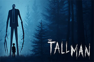 Tall shadowy humanoid with elongated arms looming over a child in a misty blue forest, with TALLMAN text