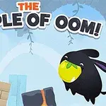 A colorful and whimsical game cover featuring vibrant animated characters, including a black creature joyfully holding a lime, alongside a purple creature, set against a playful backdrop with the title The Temple of OOM!