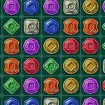 A vibrant grid of colorful, gem-like tiles in various shapes and hues, including green, red, orange, purple, and gold, arranged against a dark background, suitable for a matching puzzle game