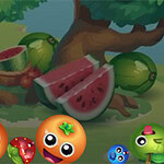 A colorful cartoon scene featuring a tree with sliced watermelon, whole watermelons, and various animated fruit characters with expressive eyes