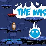 A colorful game background featuring a blue flame character, floating platforms, and playful elements like a shield and various obstacles, with the title THE WISP prominently displayed