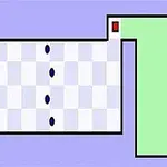 A simple puzzle game layout featuring a checkered path with blue dots and a red square goal, set against a light purple background and bordered by green walls