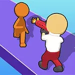 A colorful cartoon scene depicting a character in a white shirt and red pants aiming a toy gun at an orange figure on a purple background