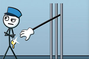 A cartoon-style stick figure police officer stands next to prison bars, while a large, disembodied hand stealthily reaches for the officers key