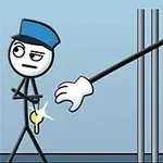 A cartoon-style stick figure police officer stands next to prison bars, while a large, disembodied hand stealthily reaches for the officers key