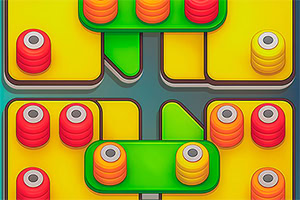 A colorful grid layout featuring stacked circular shapes in red, yellow, and orange, with green pathways connecting different sections on a bright yellow background