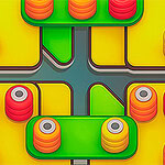 A colorful grid layout featuring stacked circular shapes in red, yellow, and orange, with green pathways connecting different sections on a bright yellow background