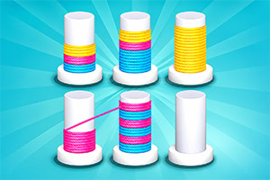 Six white spools of colorful thread in pink, yellow, blue, and orange arranged on a turquoise radial background