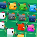 A colorful grid of cartoon-style square chickens in various shades, featuring big eyes and different colors including red, blue, green, orange, and gray, set against a light green background