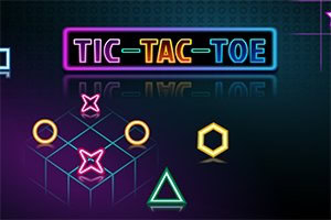 A colorful neon-themed tic-tac-toe graphic featuring a stylized game board with Xs, Os, and geometric shapes against a dark background