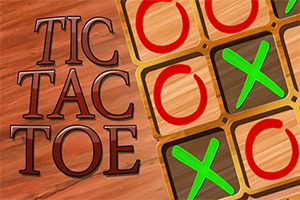 A wooden background features the words TIC TAC TOE in a bold font, alongside a grid displaying an ongoing game with red circles and green crosses placed in several squares