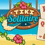 A colorful and tropical-themed graphic featuring a sign that reads Tiki Solitaire, accompanied by playing cards depicting characters in Hawaiian attire, with a beach and ocean backdrop